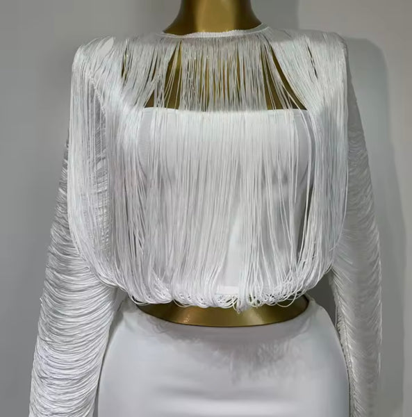 Women White Sexy Fringe Tassel Full Sleeve Two Piece Skirt Set
