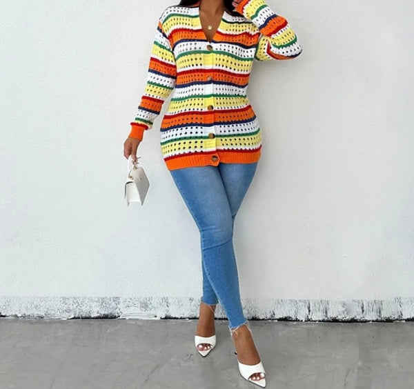 Women Fashion Multicolored Striped Button Up Knitted Top