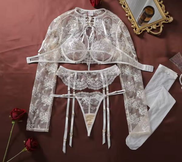 Women Sexy Lace White Full Sleeve Lingerie Set