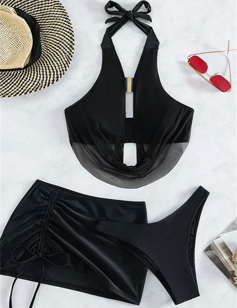 Women Sexy Black Halter Mesh Bikini Cover Up Set