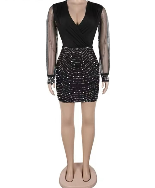 Women Sexy Ruched Beaded Bling Mesh Full Sleeve Dress