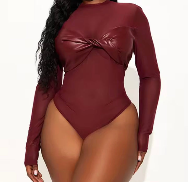 Women PU Mesh Full Sleeve Fashion Bodysuit Top