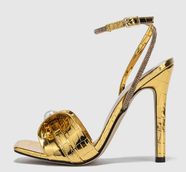 Women Gold Pearl Fashion High Heel Ankle Strap Sandals