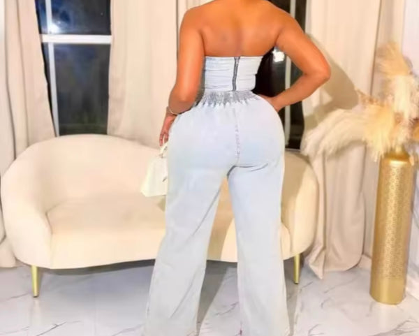 Women Strapless Denim Fashion Two Piece Wide Leg Pant Set