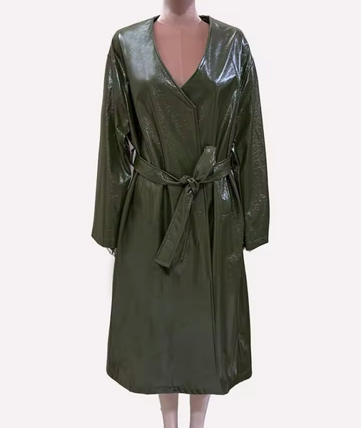 Women Fashion Green Faux Leather Belted Trench Jacket