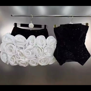 Women Sexy Strapless Sequins B&W Floral Two Piece Skirt Set