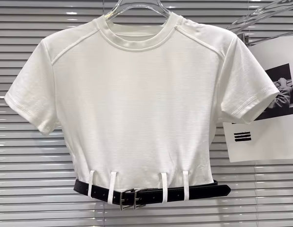 Women Fashion Belted Short Sleeve Crop Two Piece Short Set