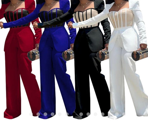 Women Sexy Solid Color Mesh Patchwork Full Sleeve Blazer Jumpsuit