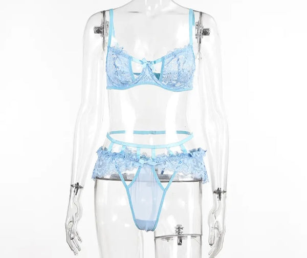 Women Blue Sexy Lace Mesh Lingerie Set