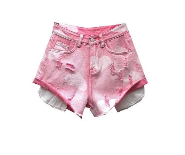 Women Fashion Ripped Heart Print Denim Shorts