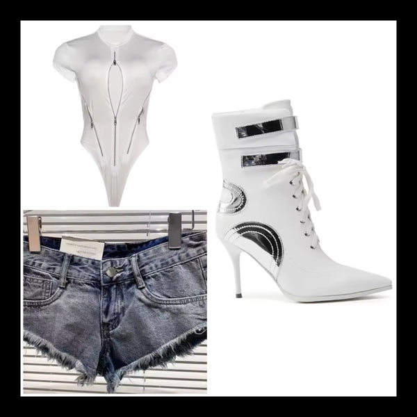 Women Fashion White Pointed Toe Lace Up High Heel Ankle Boots