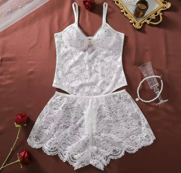 Women White Lace Sleeveless Sexy Bodysuit Short Lingerie Set