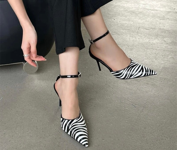 Women Fashion Zebra Print Ankle Strap High Heels