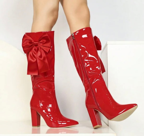 Women Fashion Red Patent Leather Bow Knee High Boots