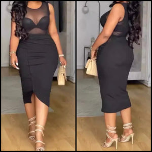 Women Black Sexy Sleeveless Mesh Patchwork Dress