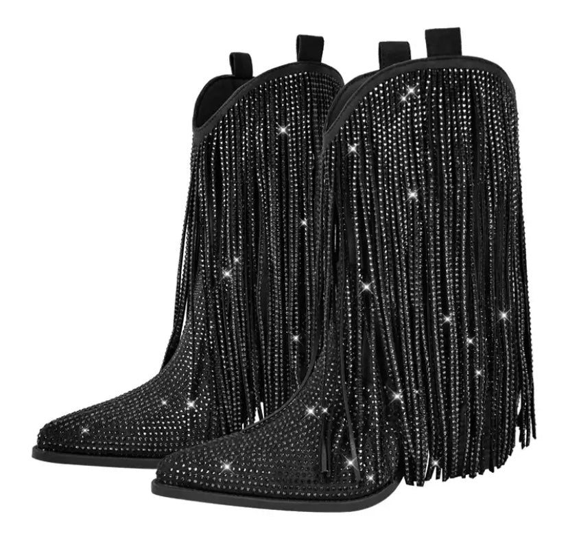 Women Fashion Bling Tassel Western Boots
