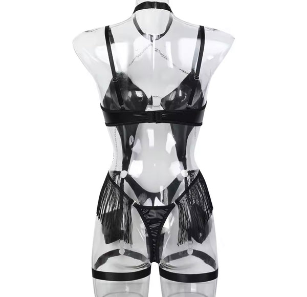 Women Black PU Choker Chain Fringe Tassel Bodysuit Lingerie