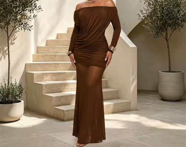 Women Sexy Off The Shoulder Full Sleeve Ruched Mesh Maxi Dress