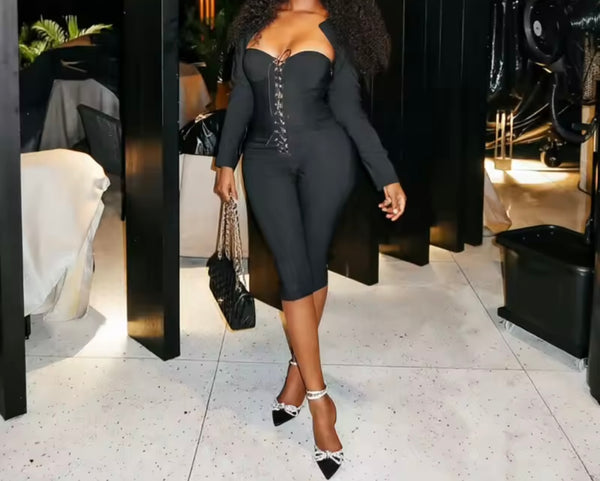 Women Sexy Fashion Lace Up Two Piece Capri Jumpsuit Set