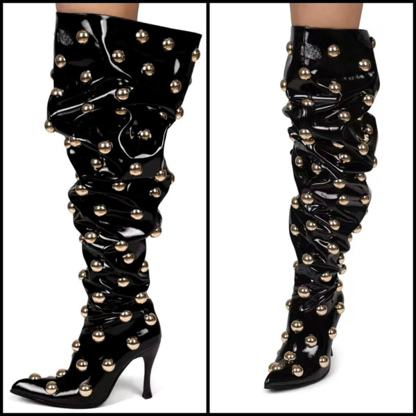 Women Fashion Black Gold Metal Over The Knee Boots