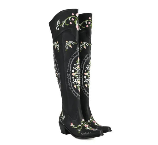 Women Fashion Floral Faux Leather Over The Knee Western Boots