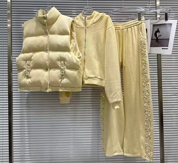 Women Bling Velour Tracksuit Puff Vest Three Piece Pant Set