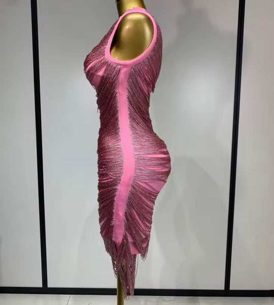 Women Pink Sleeveless Tassel Sexy Dress
