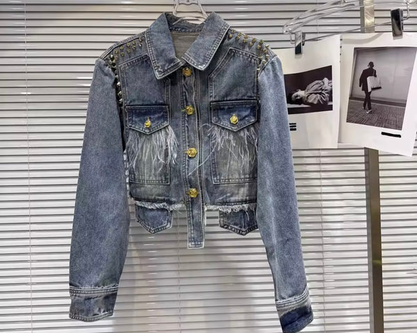 Women Fashion Rivet Feather Denim Jacket Two Piece Short Set
