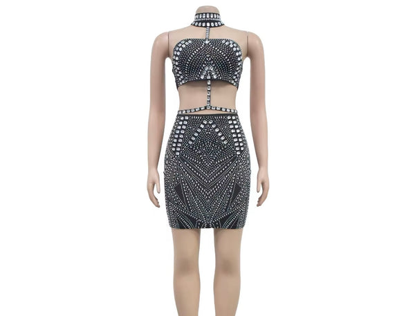 Women Sexy Choker Sleeveless Bling Mesh Two Piece Skirt Set