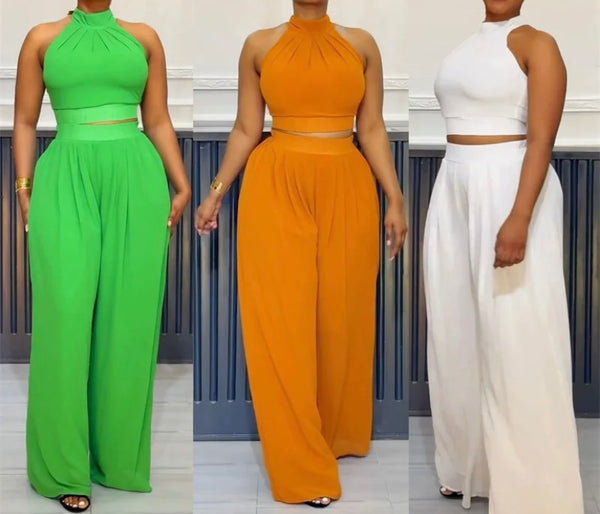 Women Solid Color Sleeveless Crop Two Piece Wide Leg Pant Set