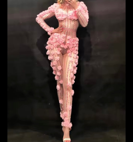 Women Sexy Floral Rhinestone Mesh Full Sleeve Jumpsuit