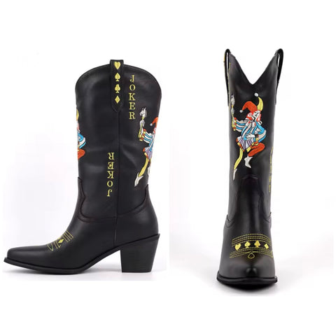 Women Fashion Black Joker Print Western Boots