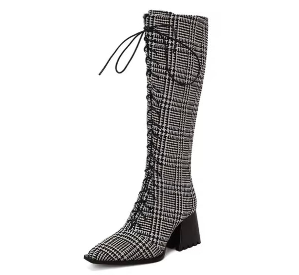 Women Fashion Pointed Toe Lace Up Knee High Boots