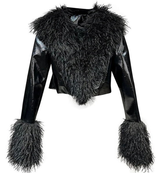 Women Fashion Faux Fur Patchwork Black Jacket