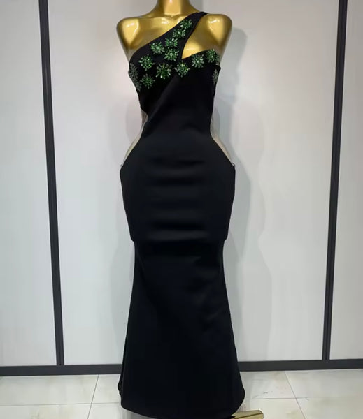 Women Sexy Black One Shoulder Green Floral Crystal Maxi Dress