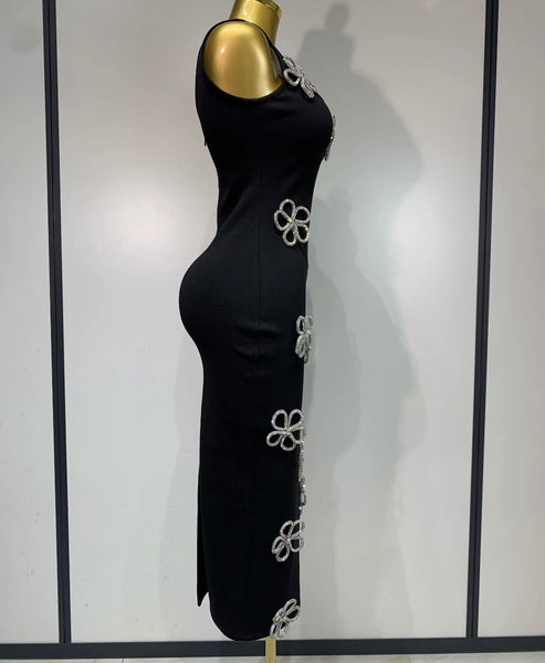 Women Sexy Sleeveless Black Bling Flower Patchwork Dress