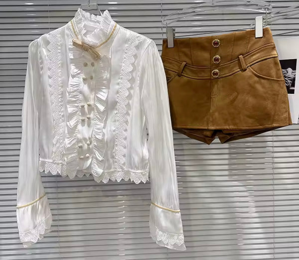 Women Ruffled Button Up Full Sleeve Two Piece Suede Short Set