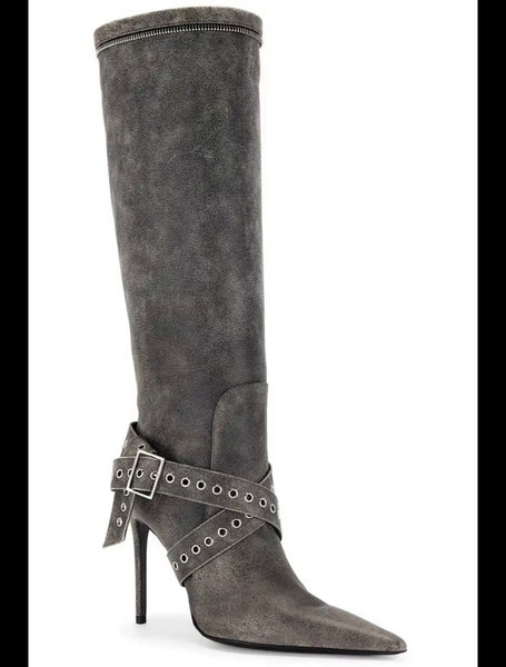 Women Fashion Denim Detachable Buckled Knee High Boots