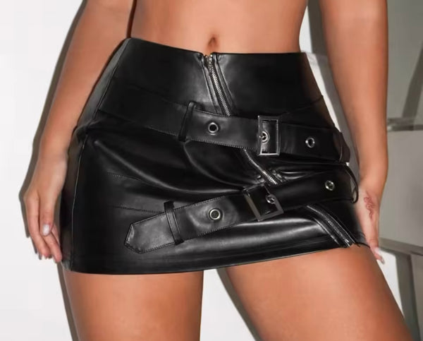 Women Sexy Fashion Faux Leather Zipper Buckled Skirt