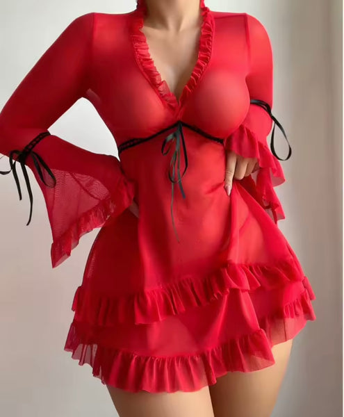 Women Sexy Bow Mesh Ruffled Full Sleeve Lingerie Set