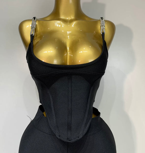 Women Rhinestone Sleeveless Black Sexy Two Piece Pant Set