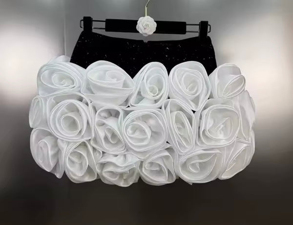 Women Sexy Strapless Sequins B&W Floral Two Piece Skirt Set