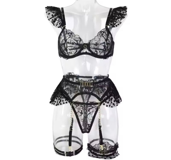 Women Sexy Ruffled Polka Dot Mesh Lace Lingerie Set