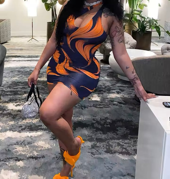 Women One Shoulder Colorful Cut Out Dress