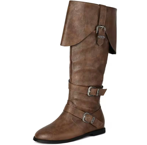 Women Fashion Buckled Knee High Flat Boots