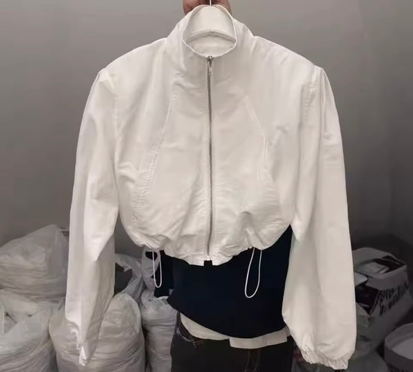 Women Fashion Drawstring Zip Up Jacket