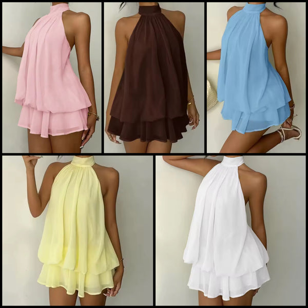 Women Sexy Halter Sleeveless Ruffled Mesh Dress