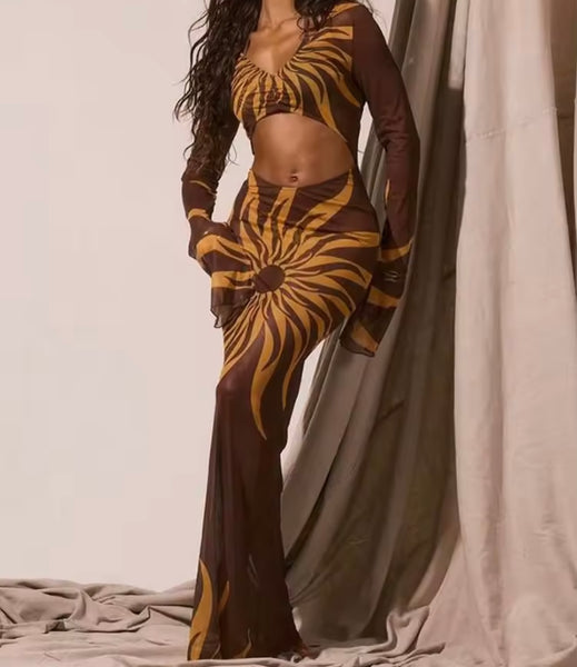 Women Sexy Brown Printed Full Sleeve Cut Out Mesh Maxi Dress