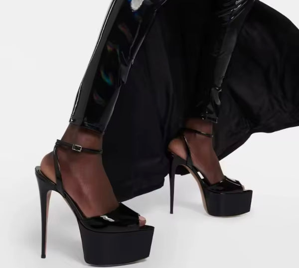 Women Fashion Patent Leather Open Toe Platform Ankle Strap High Heels
