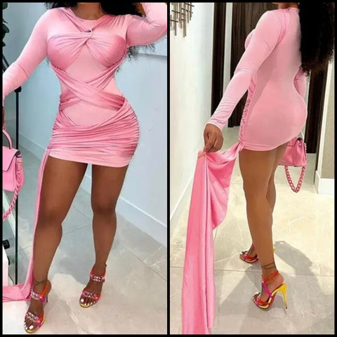 Women Sexy Full Sleeve Pink Lace Up Dress